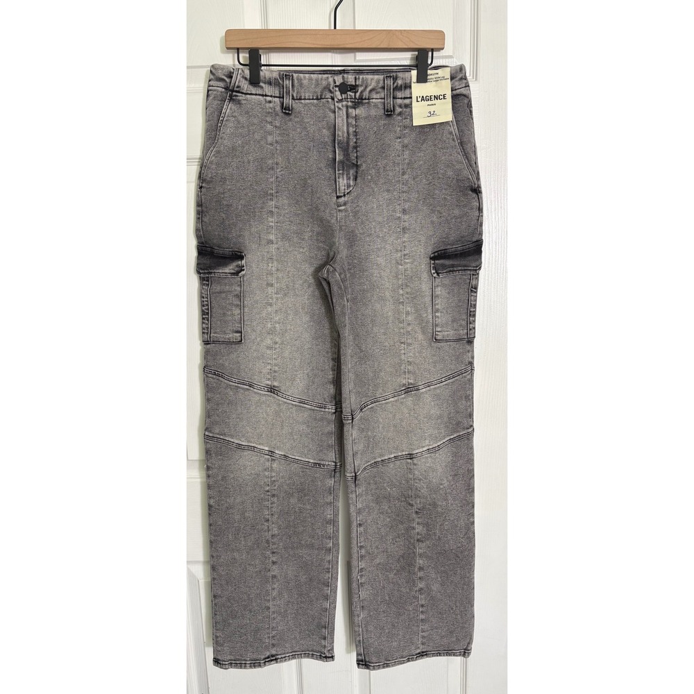 L'AGENCE Brooklyn Utility Wide Leg Jeans 32 Grey Acid Wash High Rise Cargo
